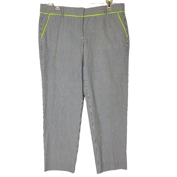 J‎ Crew Skimmer Cropped Pants Size 10 City Fit Gray White Seersucker Neon Tipped - Picture 1 of 12